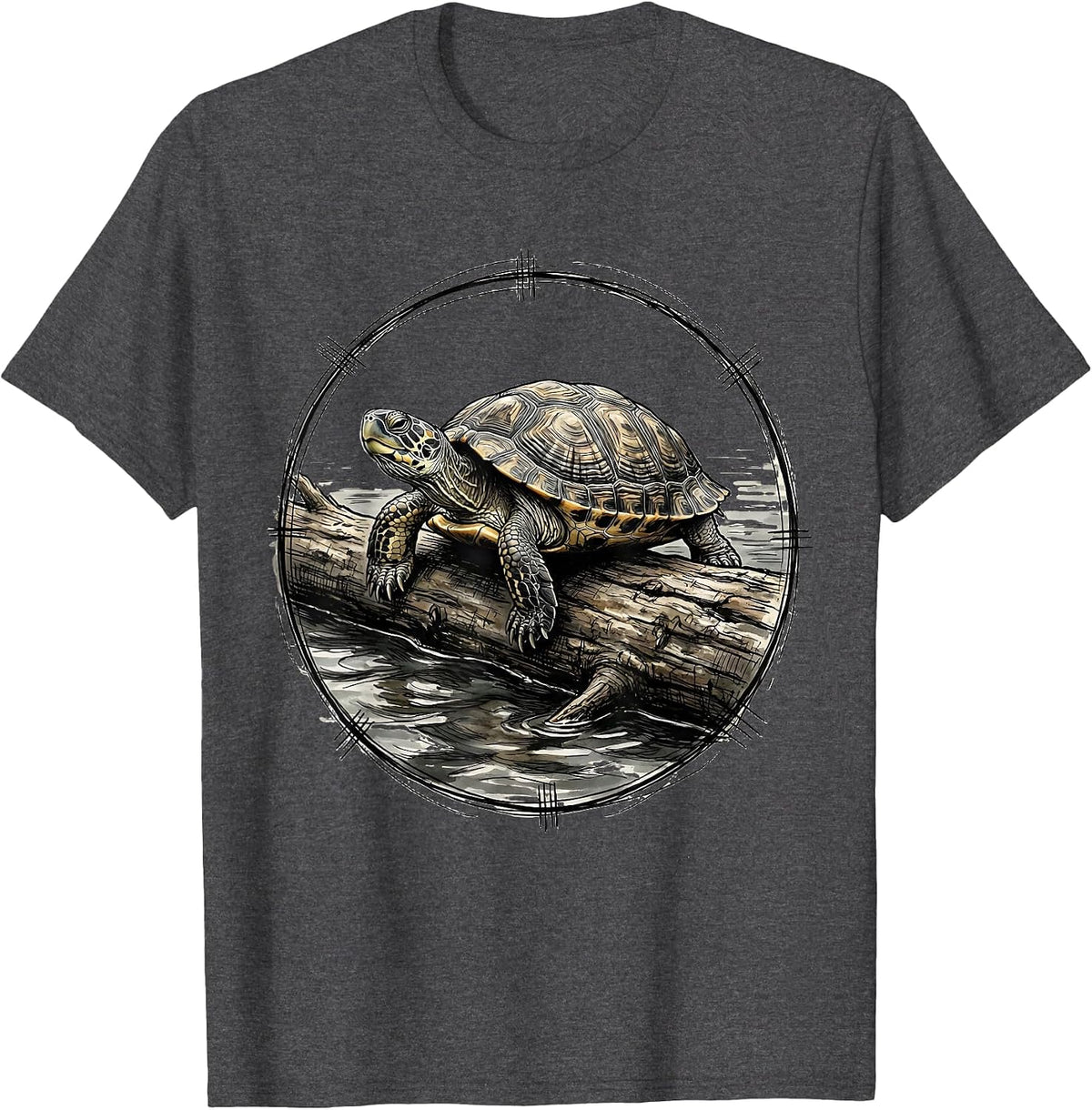 Calm Turtle Resting on a Drifting Log T-Shirt - Dark Heather Grey