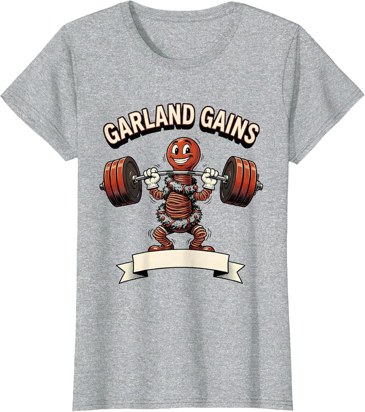 Women's Garland Gains Retro Cartoon Funny Christmas Gym Fitness T-Shirt - Heather Grey