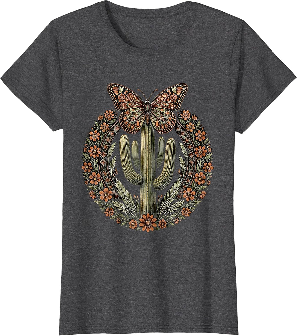Women's Butterfly on Cactus Spine Western Desert Art T-Shirt - Dark Heather Grey