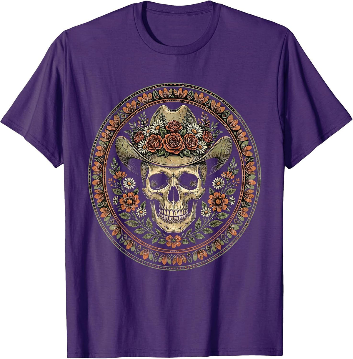 Men's Floral Cowboy Hat Skull Western Boho Art T-Shirt - Purple