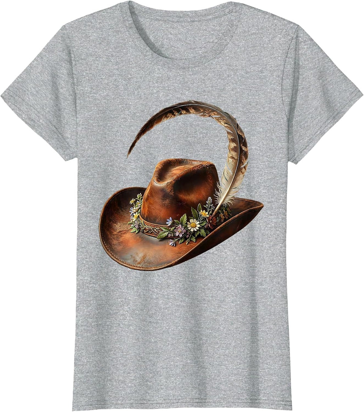 Cowgirl Hat Floral Feather Rodeo Illustration T-Shirt - Heather Grey
