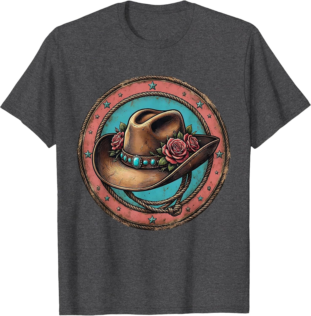 Cowgirl Hat Roses and Turquoise Rodeo Design T-Shirt - Dark Heather Grey