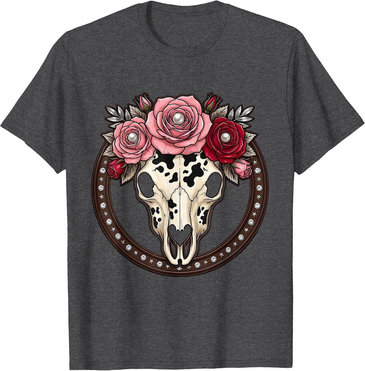 Men's Cow Print Floral Skull Boho Western Design T-Shirt - Dark Heather Grey