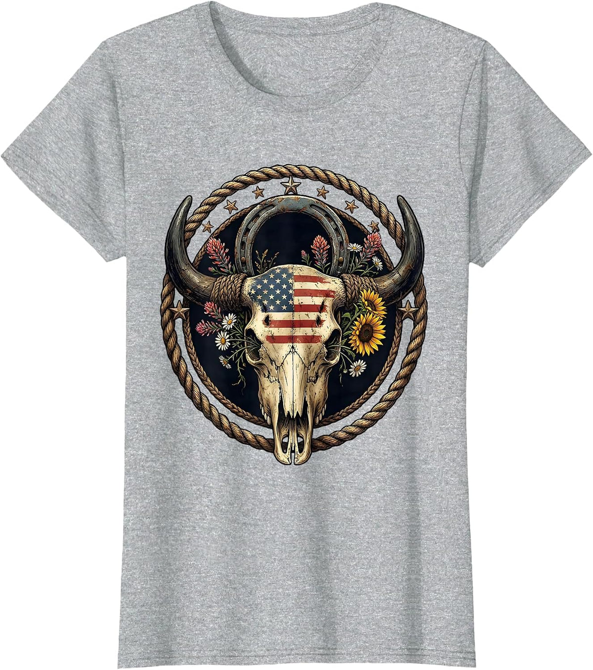 Women's Buffalo Skull Wildflowers Western Boho USA Design T-Shirt - Heather Grey