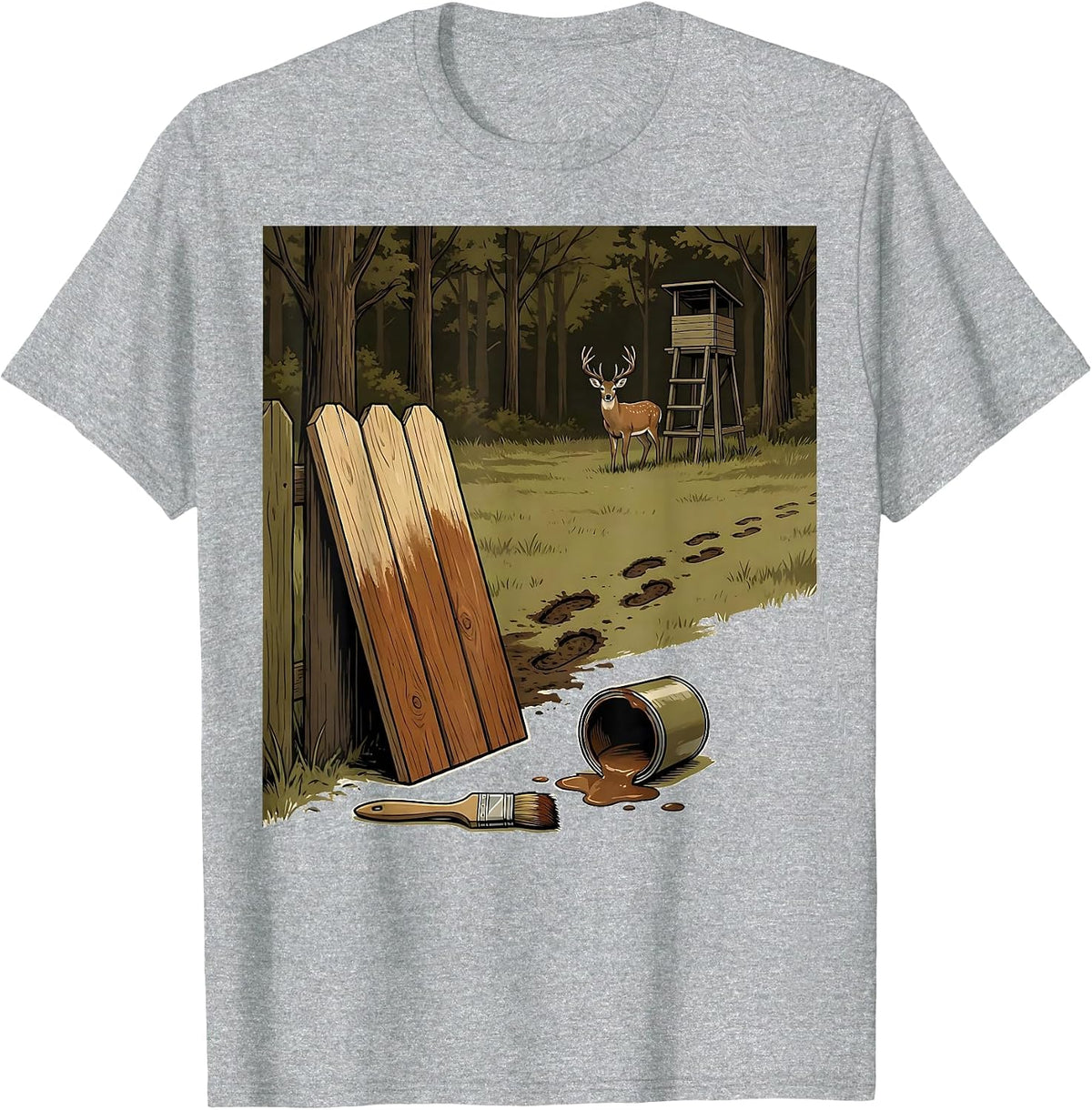 Men's Half-Painted Fence Board Deer Hunting Dad Humor T-Shirt - Heather Grey