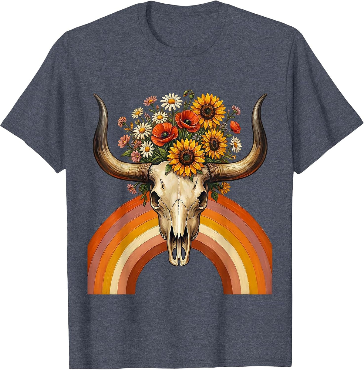 Men's Longhorn Skull Pastel Wildflowers Western Boho T-Shirt - Heather Blue