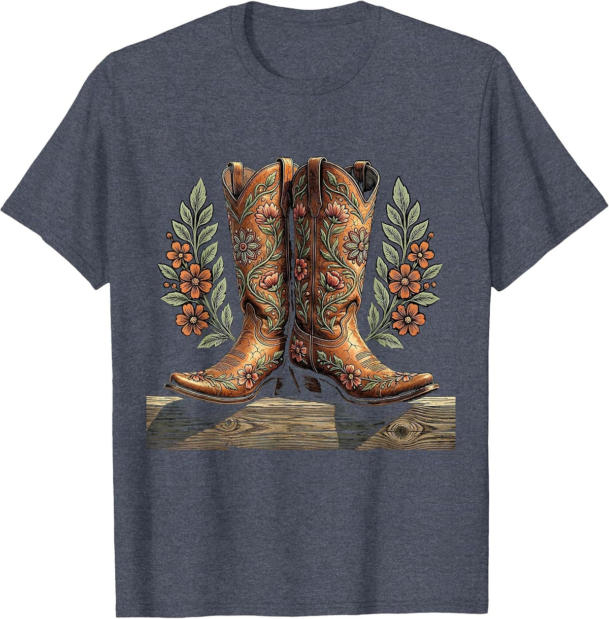 Cowgirl Boots on Fence Rail Rodeo Graphic T-Shirt - Heather Blue
