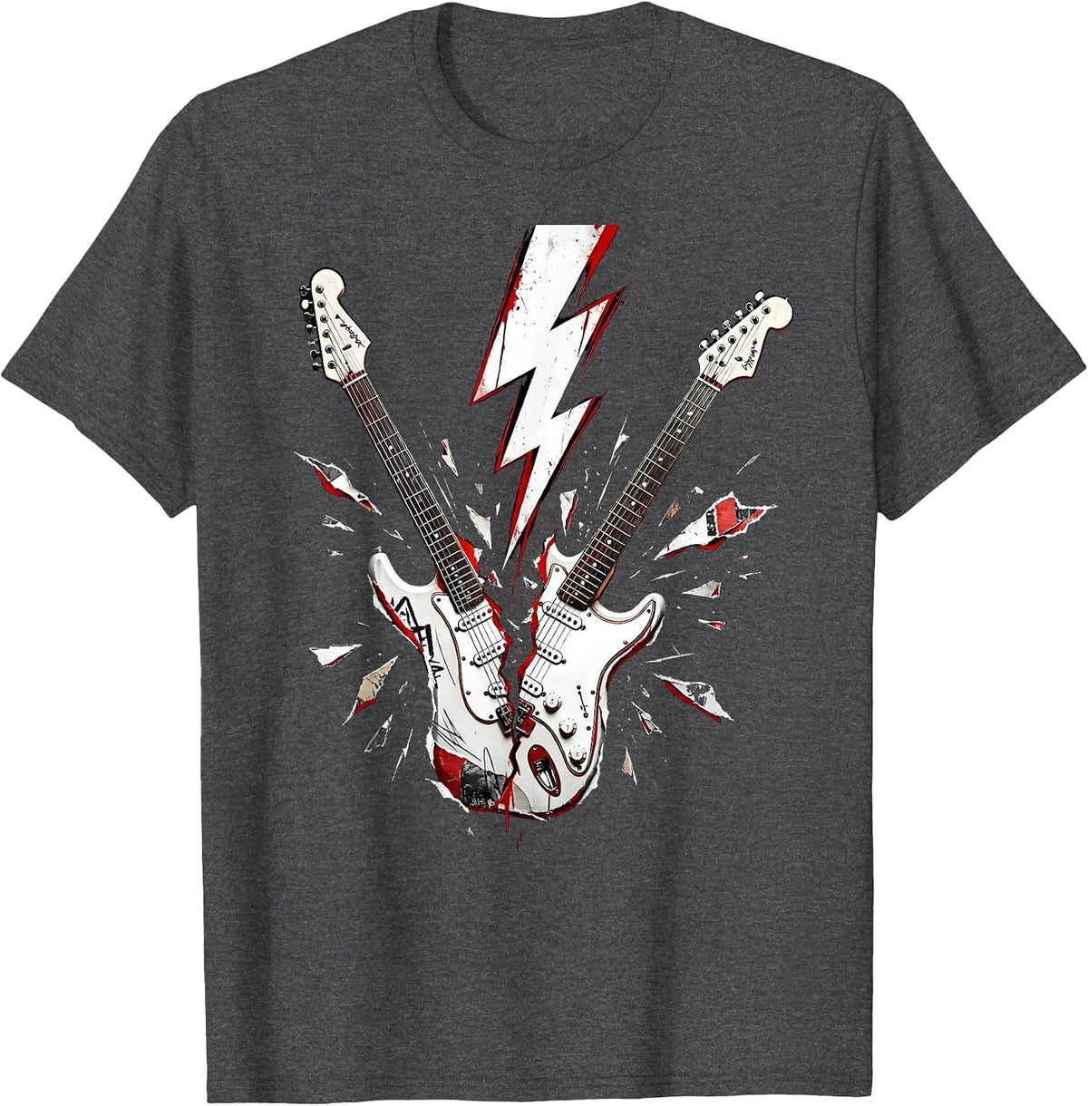 Lightning Bolt Split Guitar 80s Rock Graphic T-Shirt - Dark Heather Grey