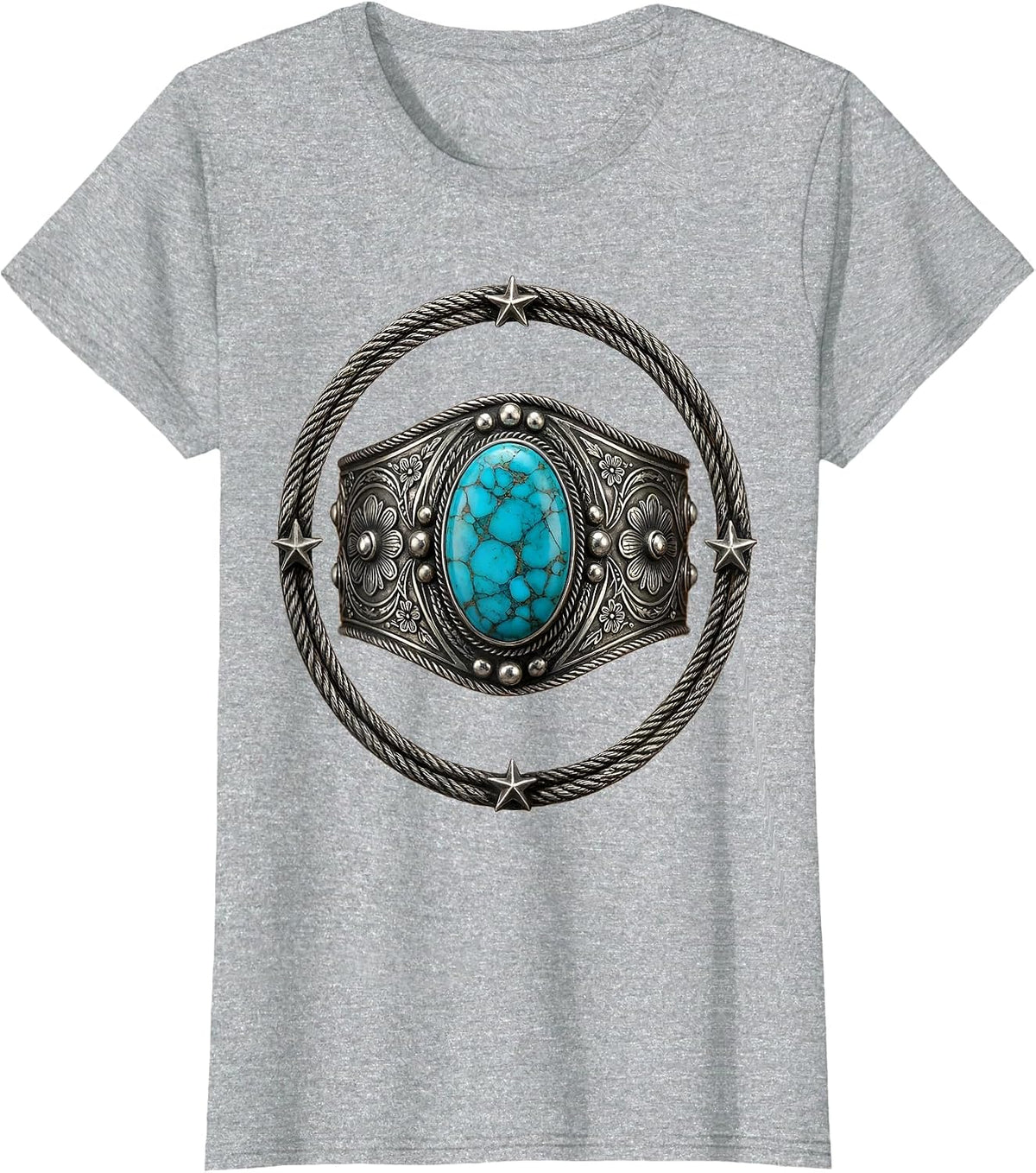 Women's Turquoise Silver Cuff Western Gemstone Design T-Shirt - Heather Grey