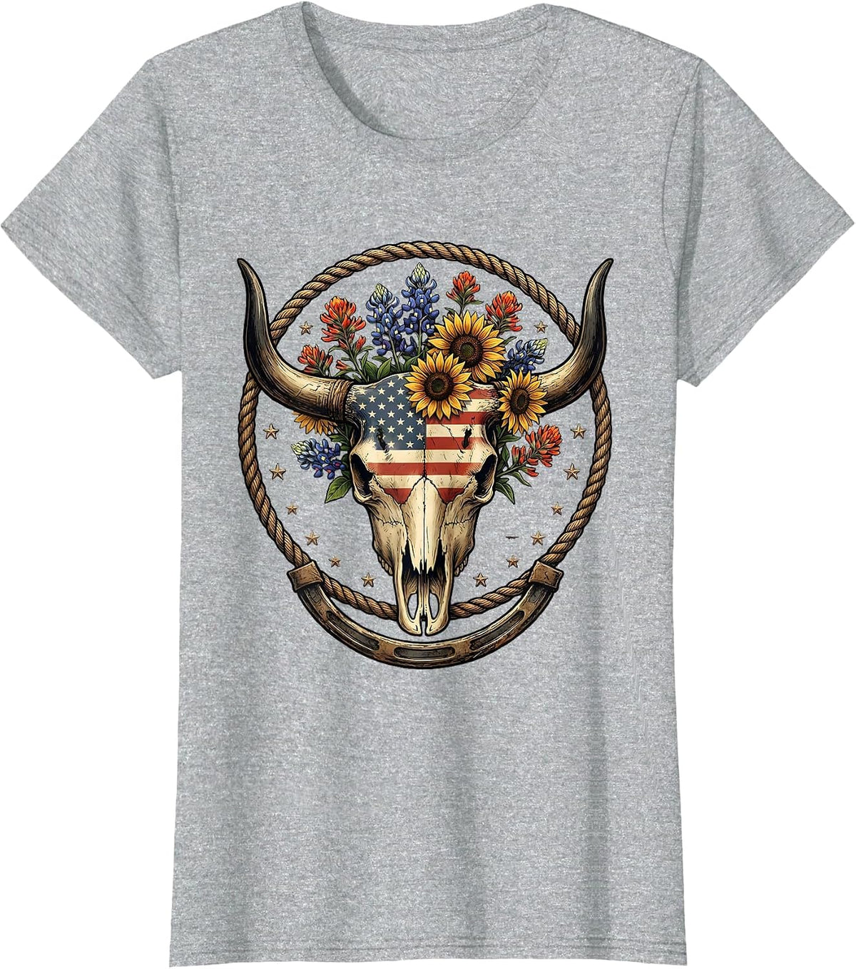 Women's Bull Skull Wildflowers Western Boho Floral Illustration T-Shirt - Heather Grey