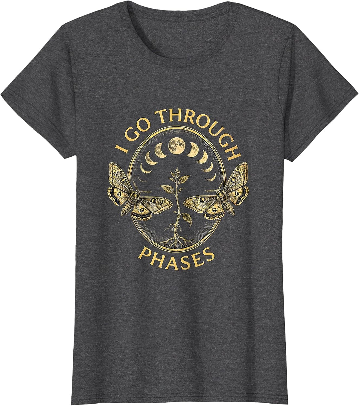 Women's I Go Through Phases Mystic Celestial Moon Phase Botanical T-Shirt - Dark Heather Grey