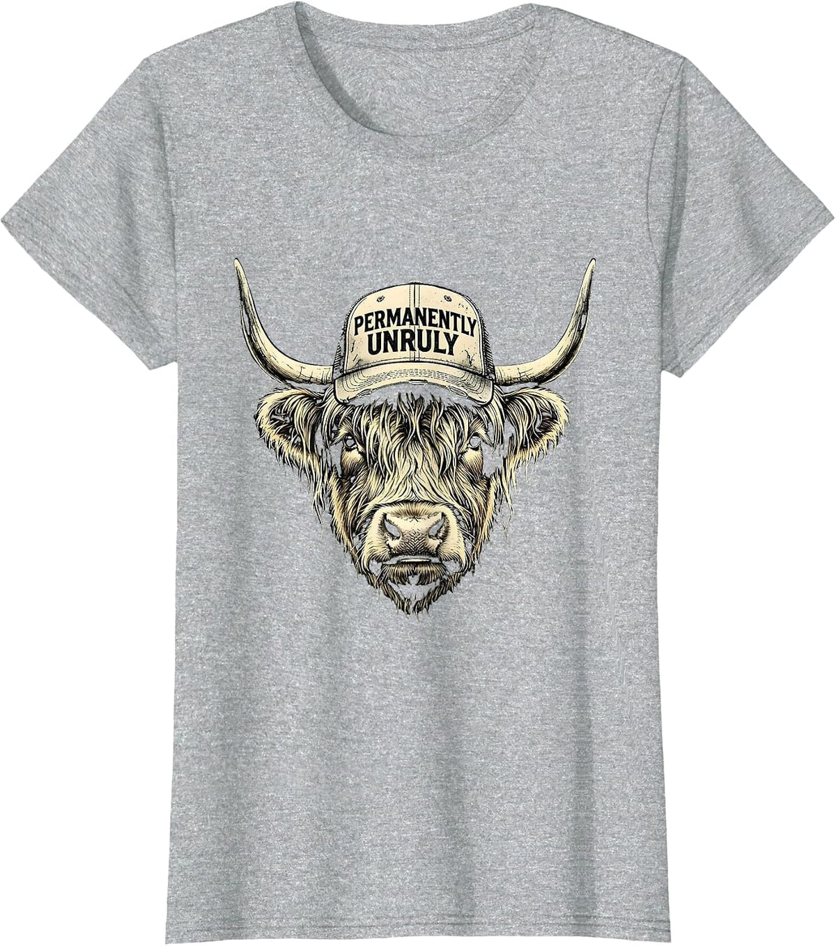 Women's Permanently Unruly Boho Western Highland Cow Humor T-Shirt - Heather Grey