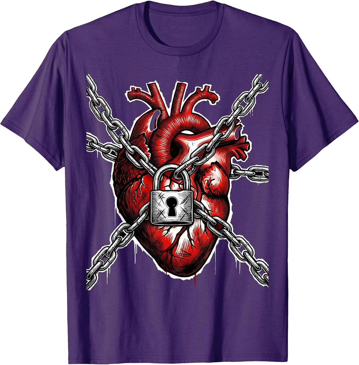 Grunge Chained Heart Padlock Graphic T-Shirt - Purple