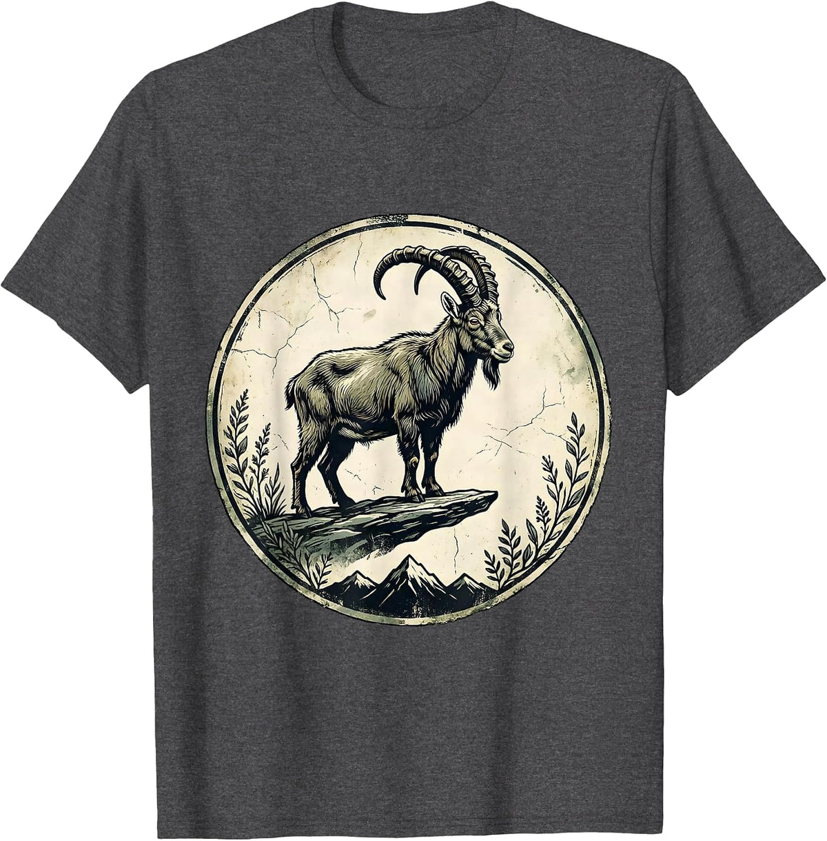 Men's Mountain Goat on Narrow Ledge Wildlife Illustration T-Shirt - Dark Heather Grey