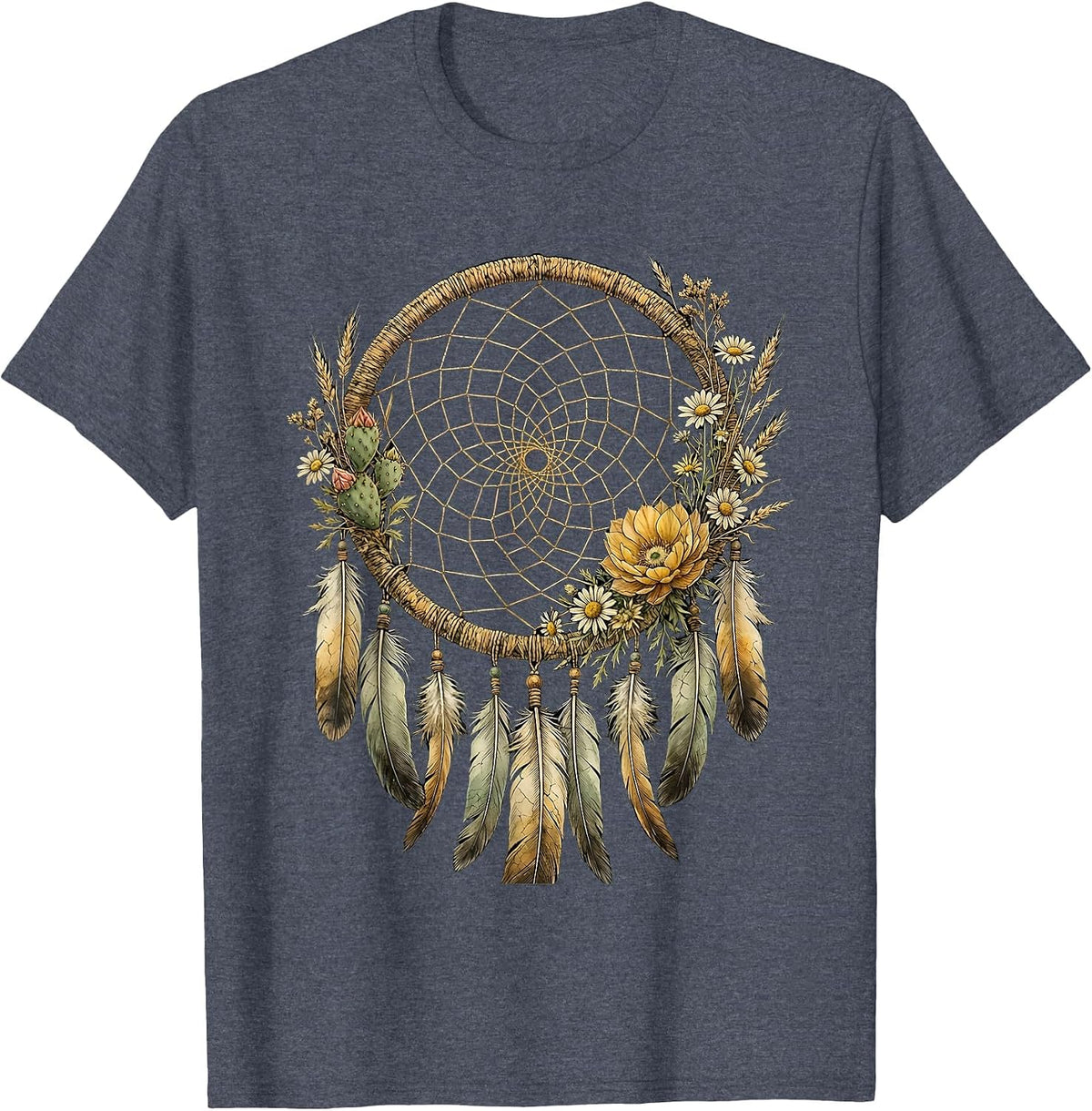 Dreamcatcher Desert Blooms Western Boho Design T-Shirt - Heather Blue
