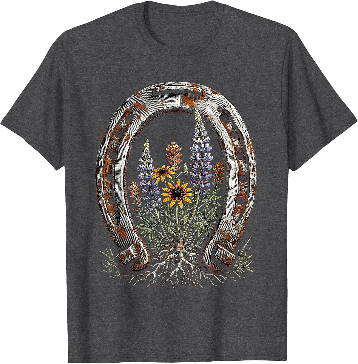 Men's Wildflower Horseshoe Western Boho Graphic T-Shirt - Dark Heather Grey