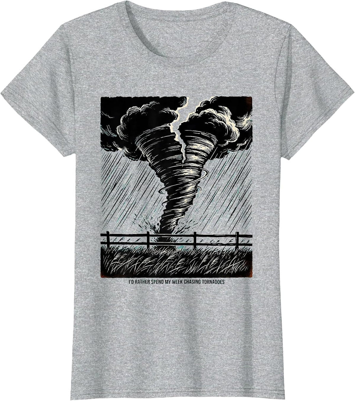Women's I'd Rather Spend My Week Chasing Tornadoes Linocut T-Shirt - Heather Grey
