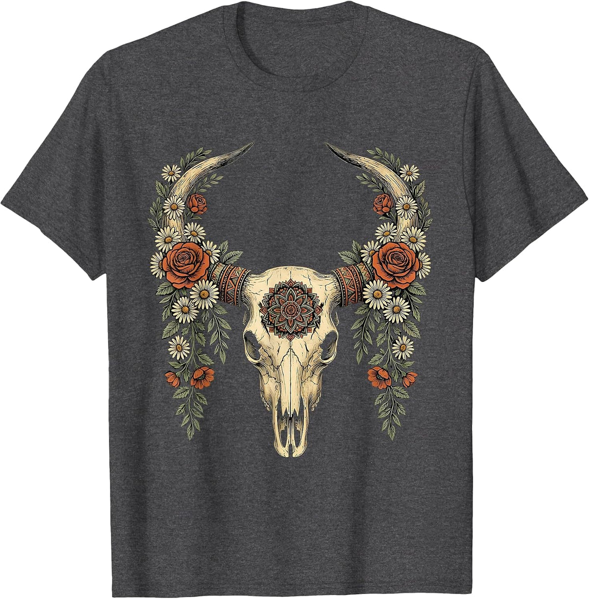 Floral Longhorn Skull Western Boho Graphic T-Shirt - Dark Heather Grey