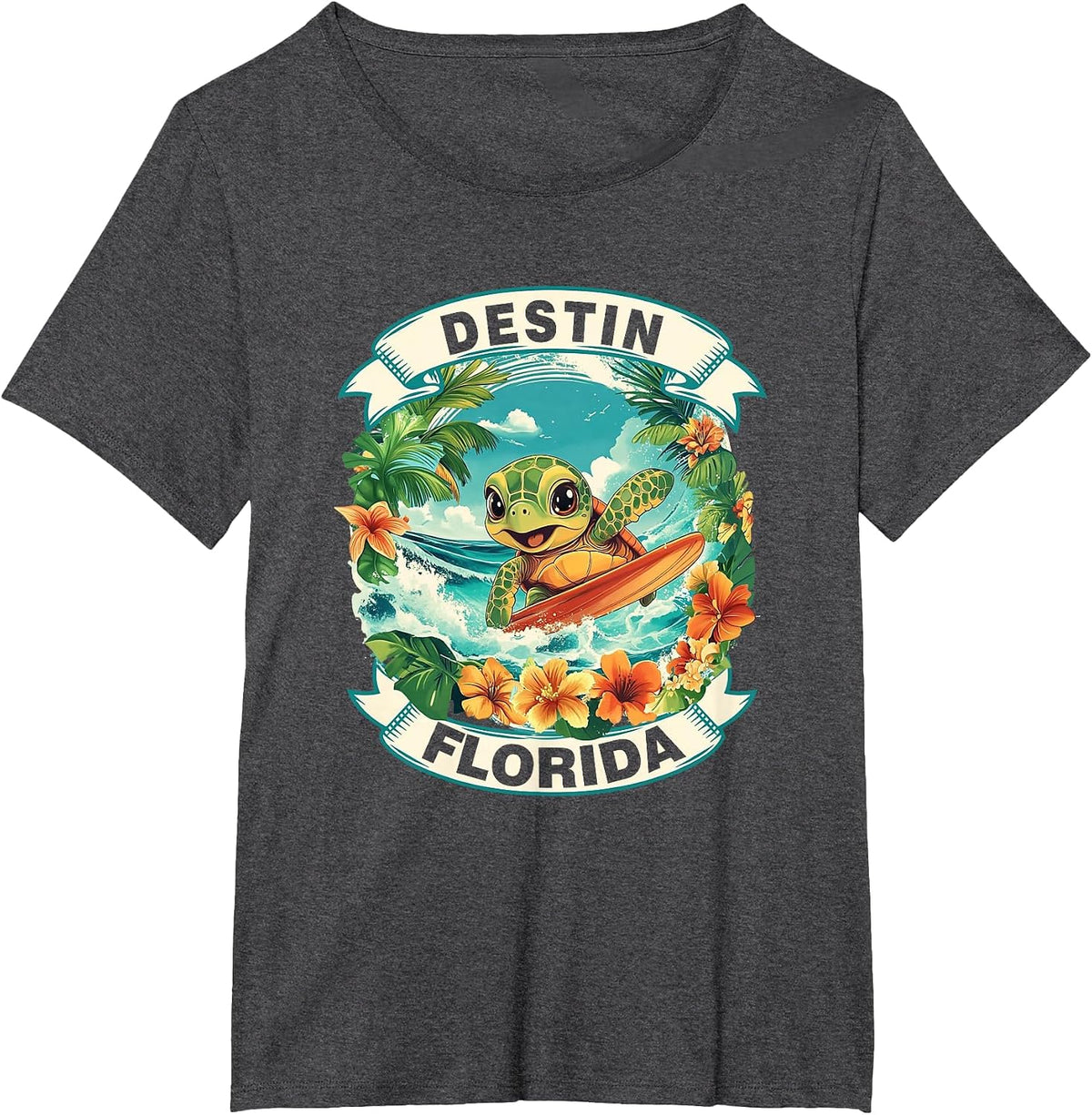 Destin Florida Cute Sea Turtle Surfing Summer Vacation T-Shirt - Dark Heather Grey