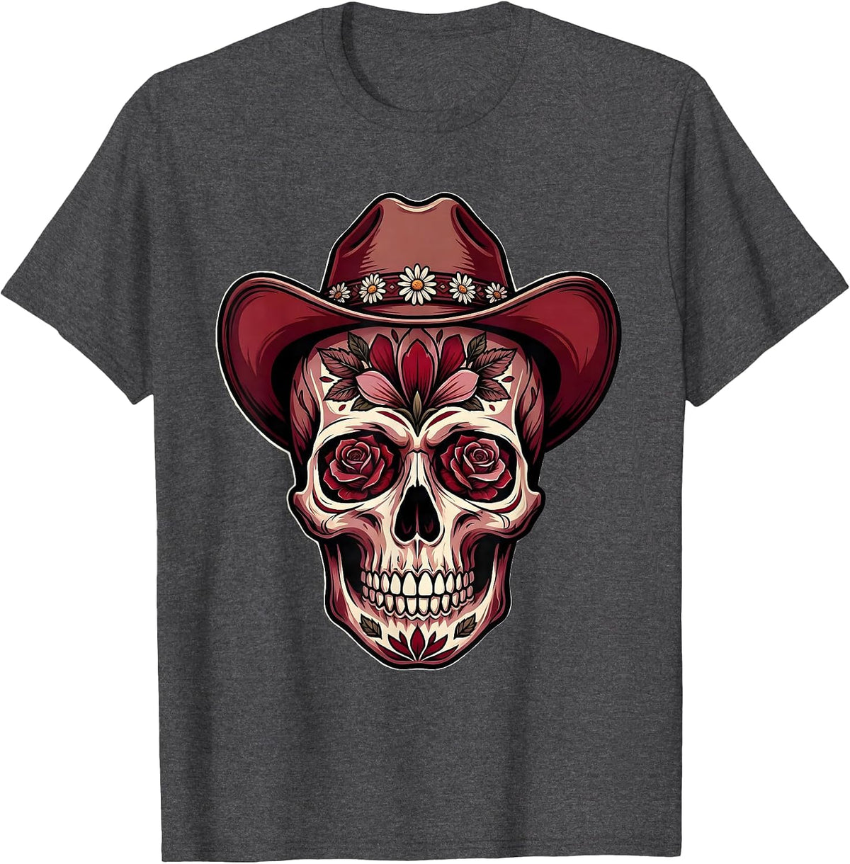 Men's Floral Skull Cowboy Hat Western Graphic Design T-Shirt - Dark Heather Grey