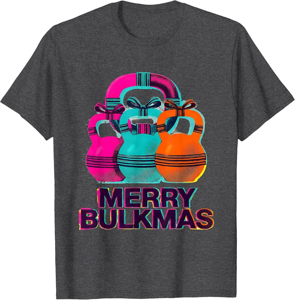 Men's Merry Bulkmas Risograph Funny Christmas Gym Weightlifting T-Shirt - Dark Heather Grey
