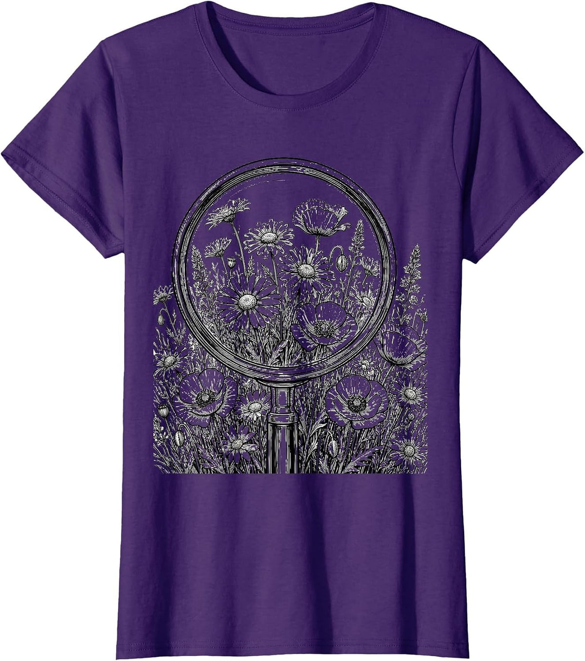 Women's School Counselor Wildflower Magnifying Glass T-Shirt - Purple