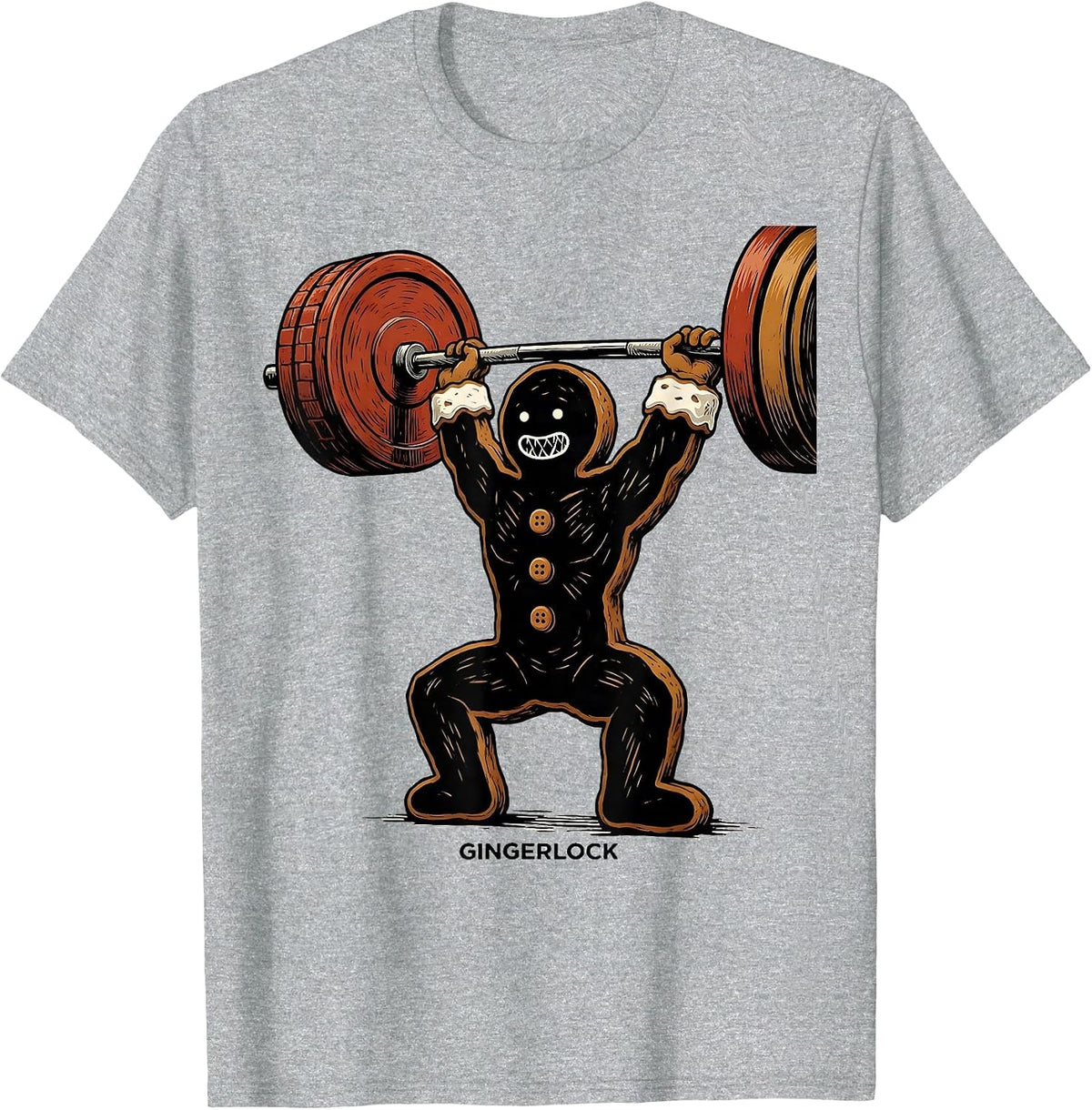Men's Gingerlock Linocut Gingerbread Man Gym Weightlifting T-Shirt - Heather Grey