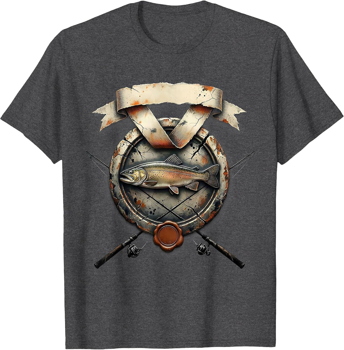 Mounted Trout Crest Distressed Fishing Humor Fan T-Shirt - Dark Heather Grey
