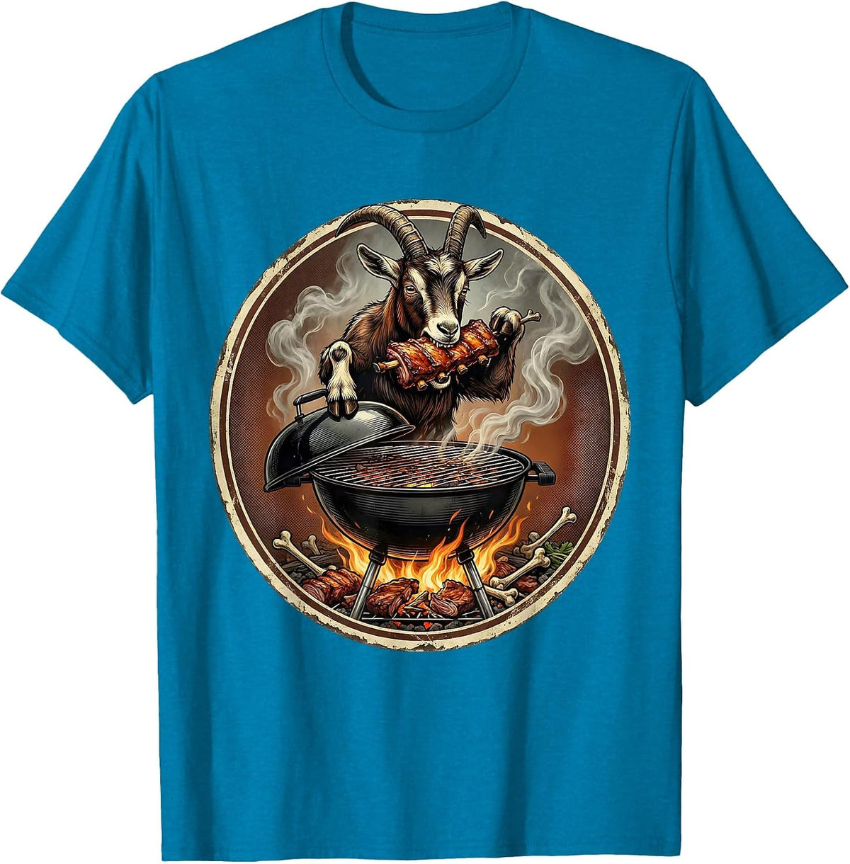 Hungry Goat BBQ Grill Funny Graphic Design T-Shirt - Sapphire Blue