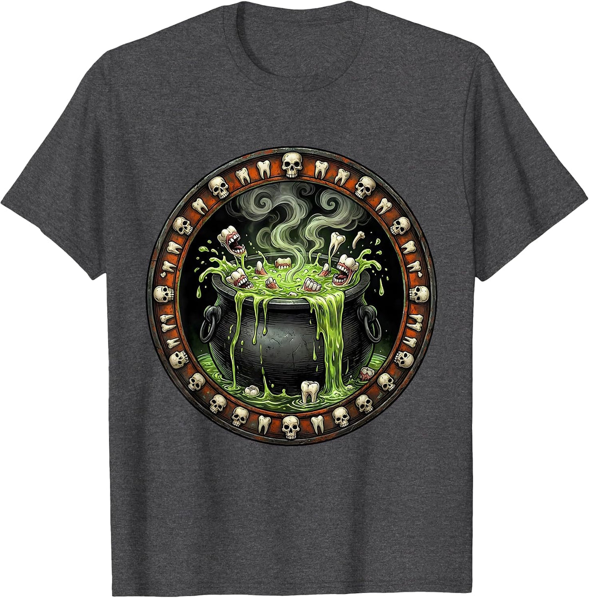 Men's Dental Halloween Cauldron Overflowing With Teeth T-Shirt - Dark Heather Grey