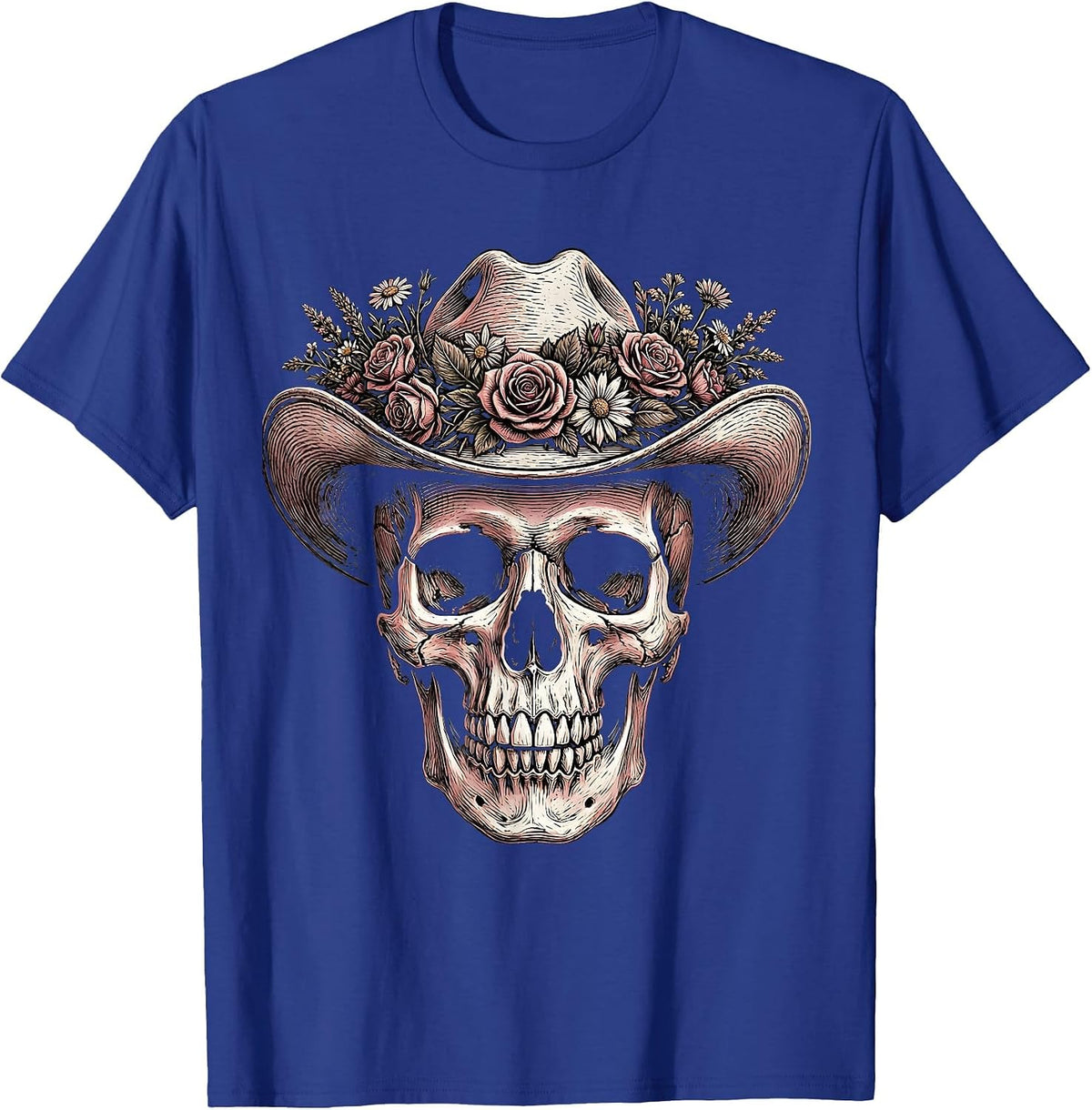 Cowgirl Skull Floral Crown Western Art Design T-Shirt - Royal Blue