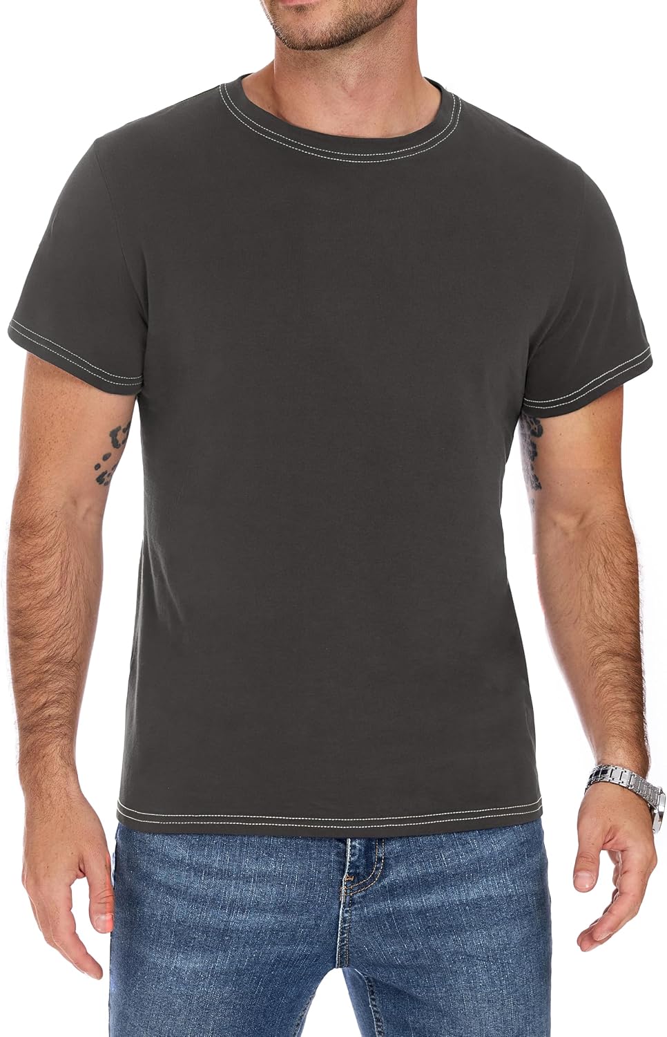 Mens Cotton Short Sleeve Crewneck T-Shirt Gym Workout Athletic Tee Shirt Top - Dark Grey