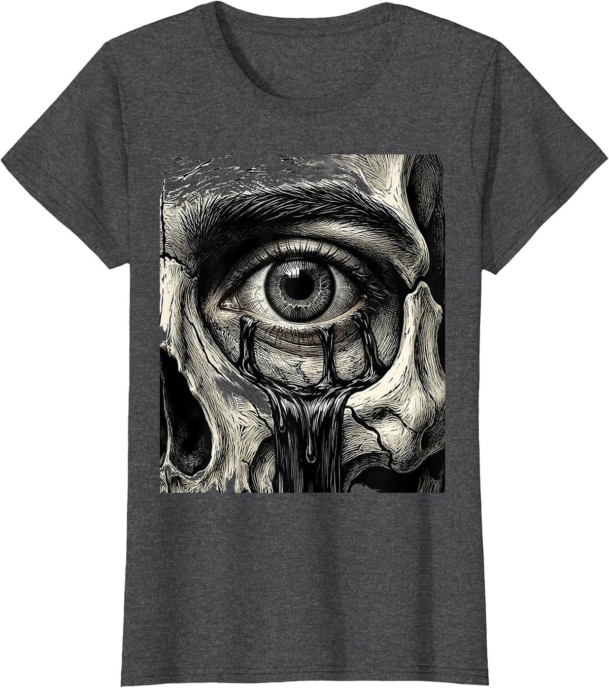 Women's Emo Crying Eye Black Tears Pale Face Graphic T-Shirt - Dark Heather Grey
