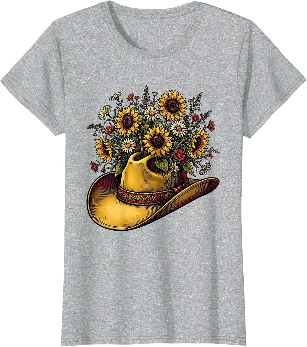 Cowgirl Hat Wildflowers Western Boho Illustration T-Shirt - Heather Grey