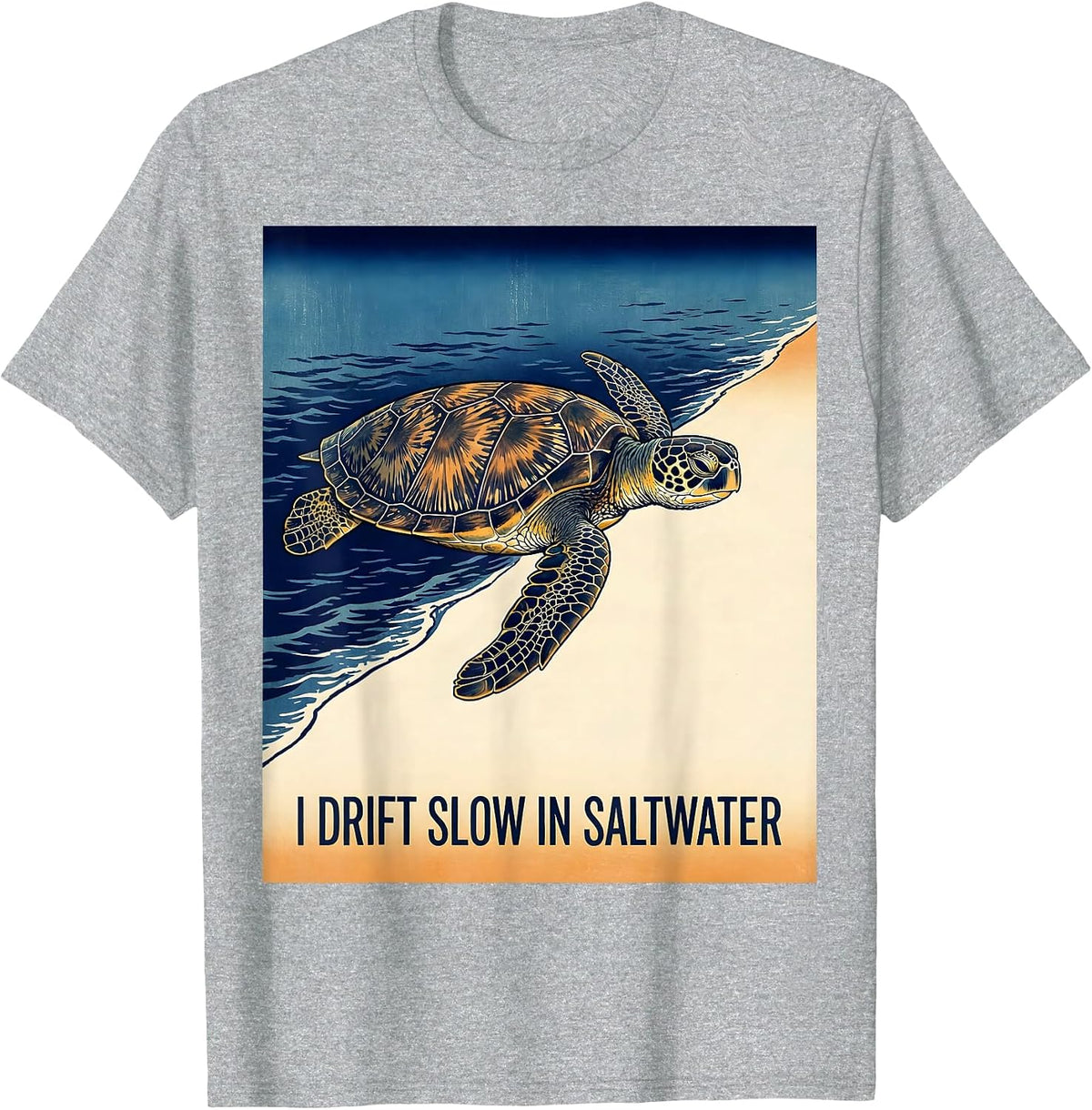 Men's I Drift Slow In Saltwater Ukiyo-e Sea Turtle Lover Beach T-Shirt - Heather Grey