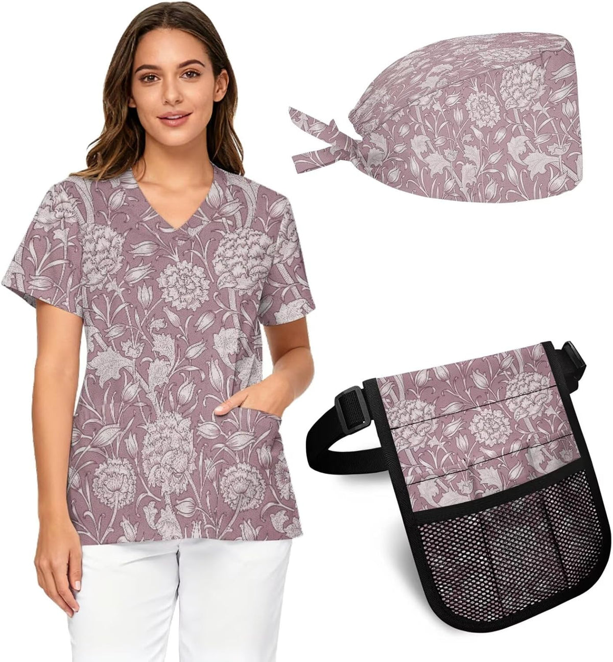 Women's Medical Workwear Three-Piece Set V-neck top waist pouch and pocketed work cap - William Morris Scroll Leaf Pattern