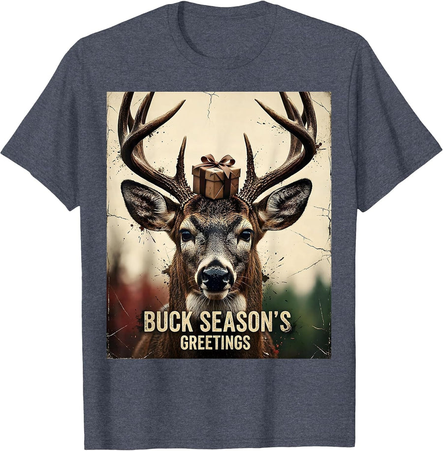 Buck Season's Greetings Distressed Deer Hunter Christmas T-Shirt - Heather Blue