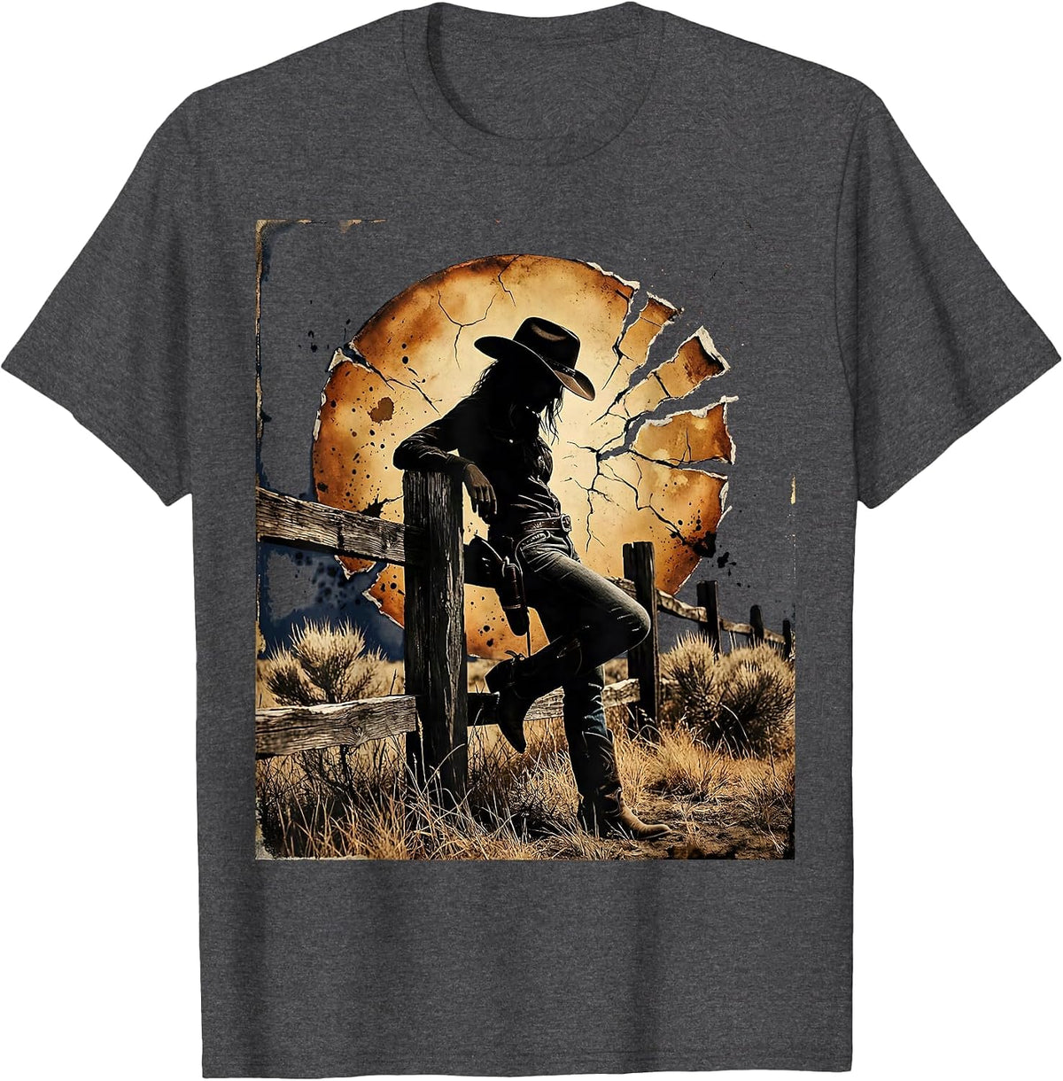 Men's Cowgirl Leaning on Fence Sunset Rodeo Design T-Shirt - Dark Heather Grey