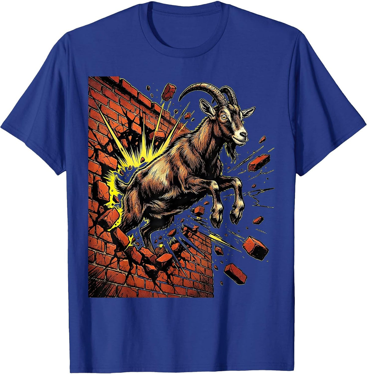 Men's Unhinged Goat Smashing Through Brick Wall T-Shirt - Royal Blue