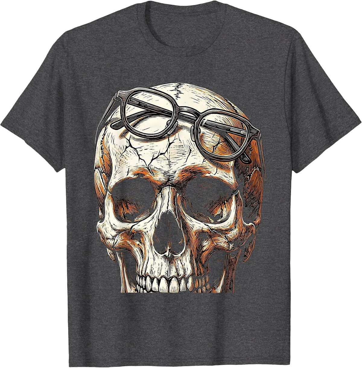 Elder Emo Skull With Reading Glasses Design T-Shirt - Dark Heather Grey