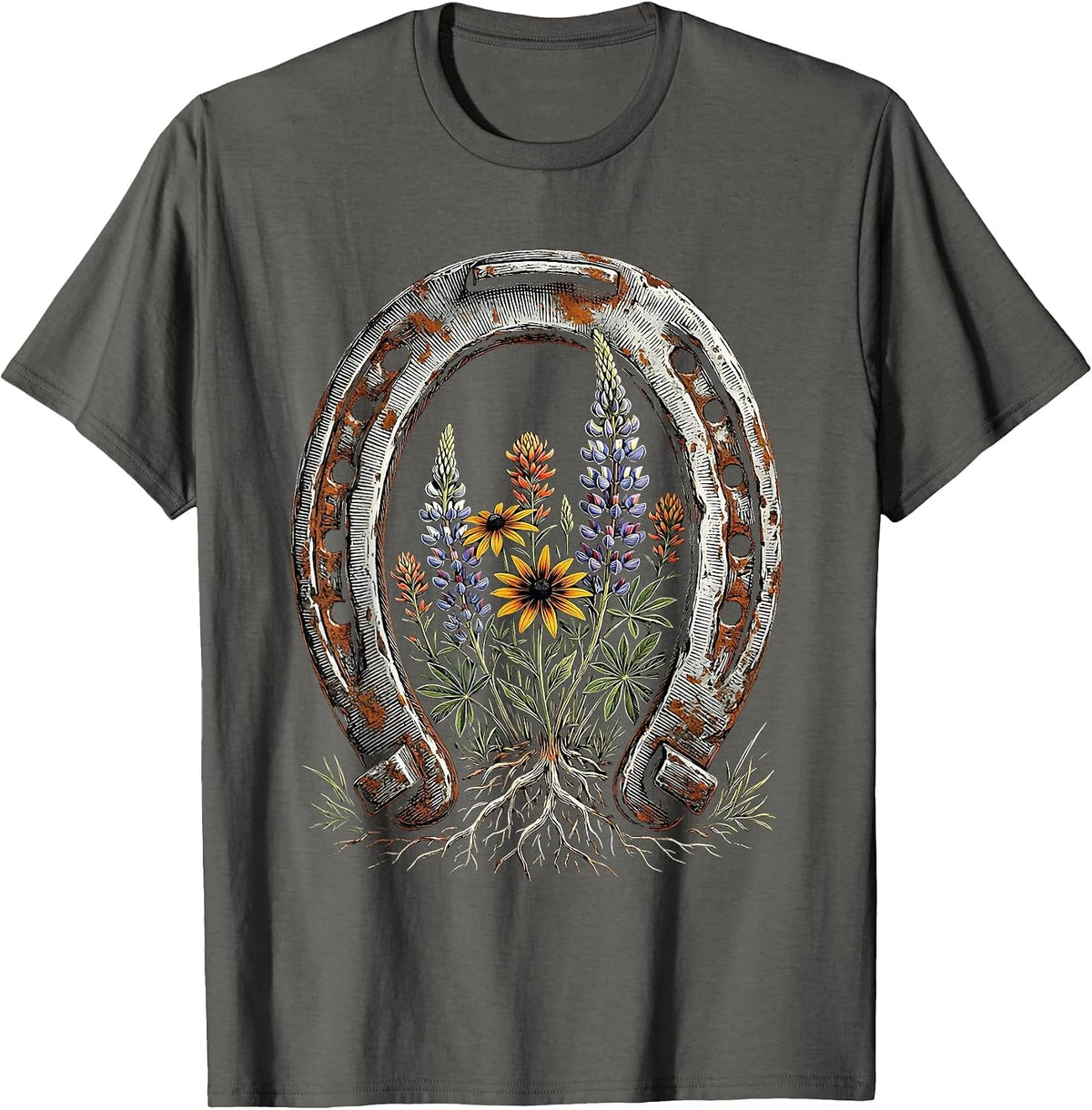 Men's Wildflower Horseshoe Western Boho Graphic T-Shirt - Asphalt Grey