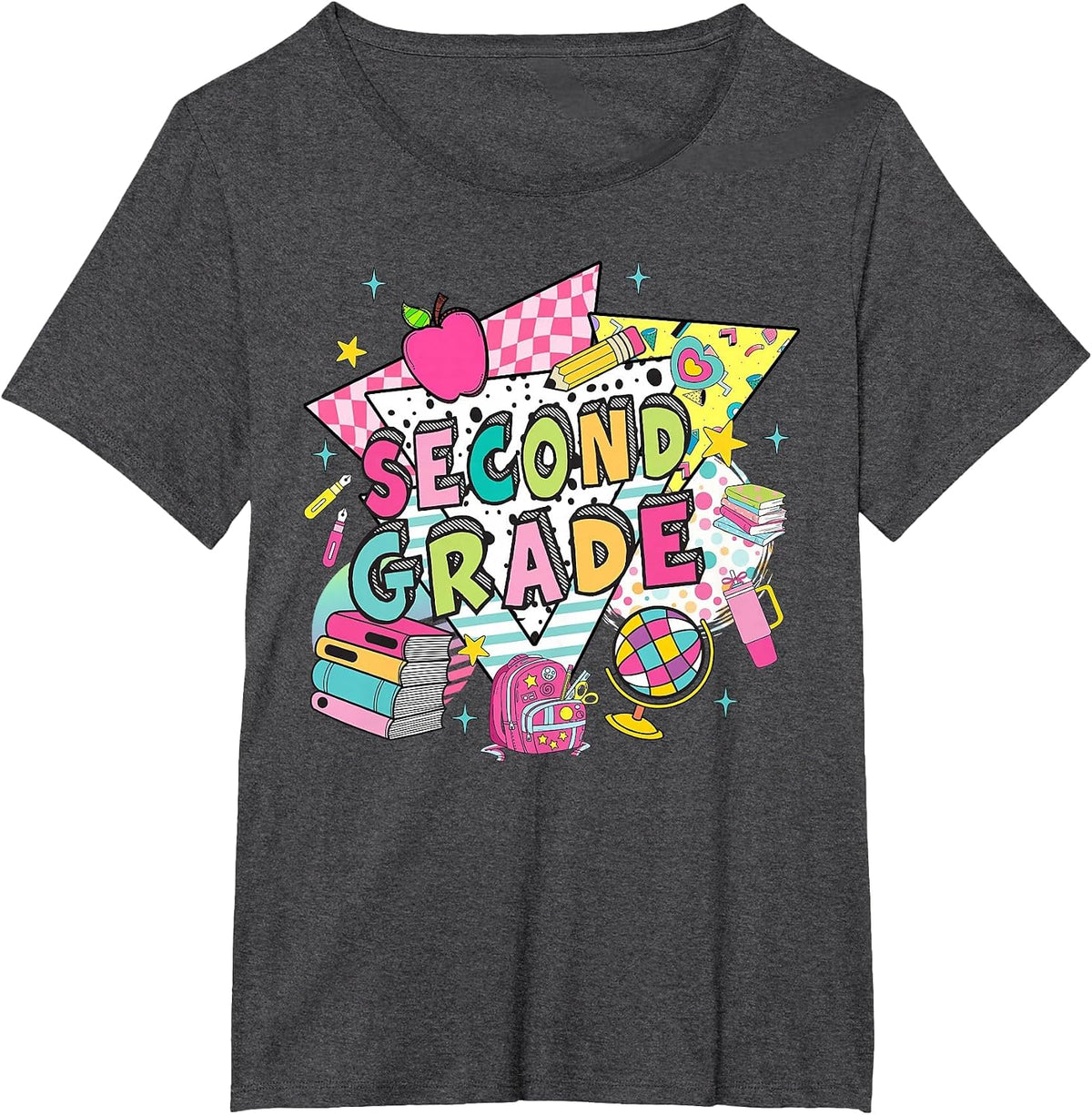 Second Grade Teachers Students Retro 90s Back to School T-Shirt - Dark Heather Grey