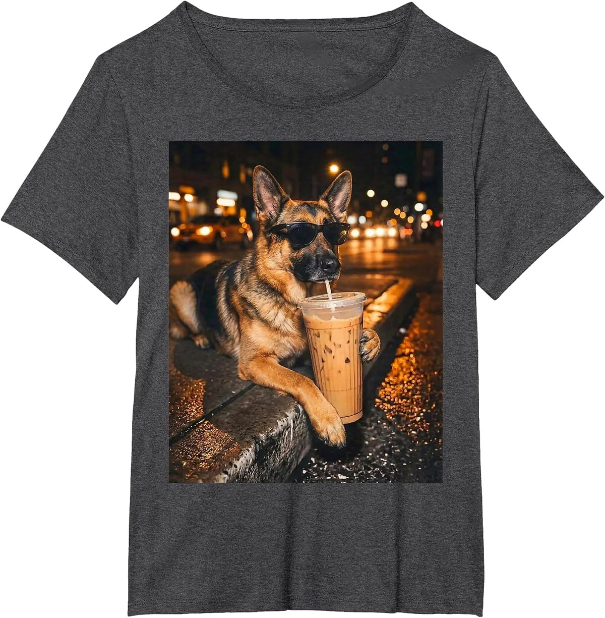 German Shepherd Drinking Iced Coffee Funny Dog Lover Meme T-Shirt - Dark Heather Grey