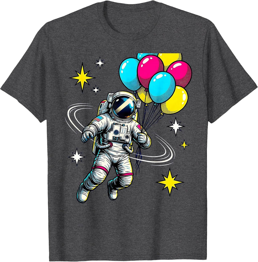 Men's Astronaut Birthday Balloons Space Illustration T-Shirt - Dark Heather Grey
