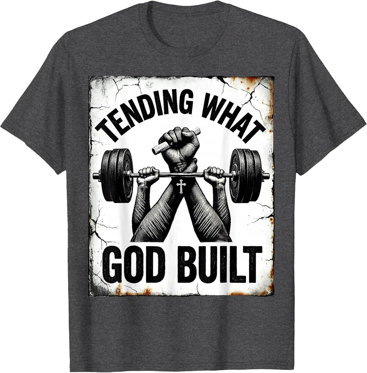 Men's Tending What God Built Distressed Christian Gym Faith T-Shirt - Dark Heather Grey