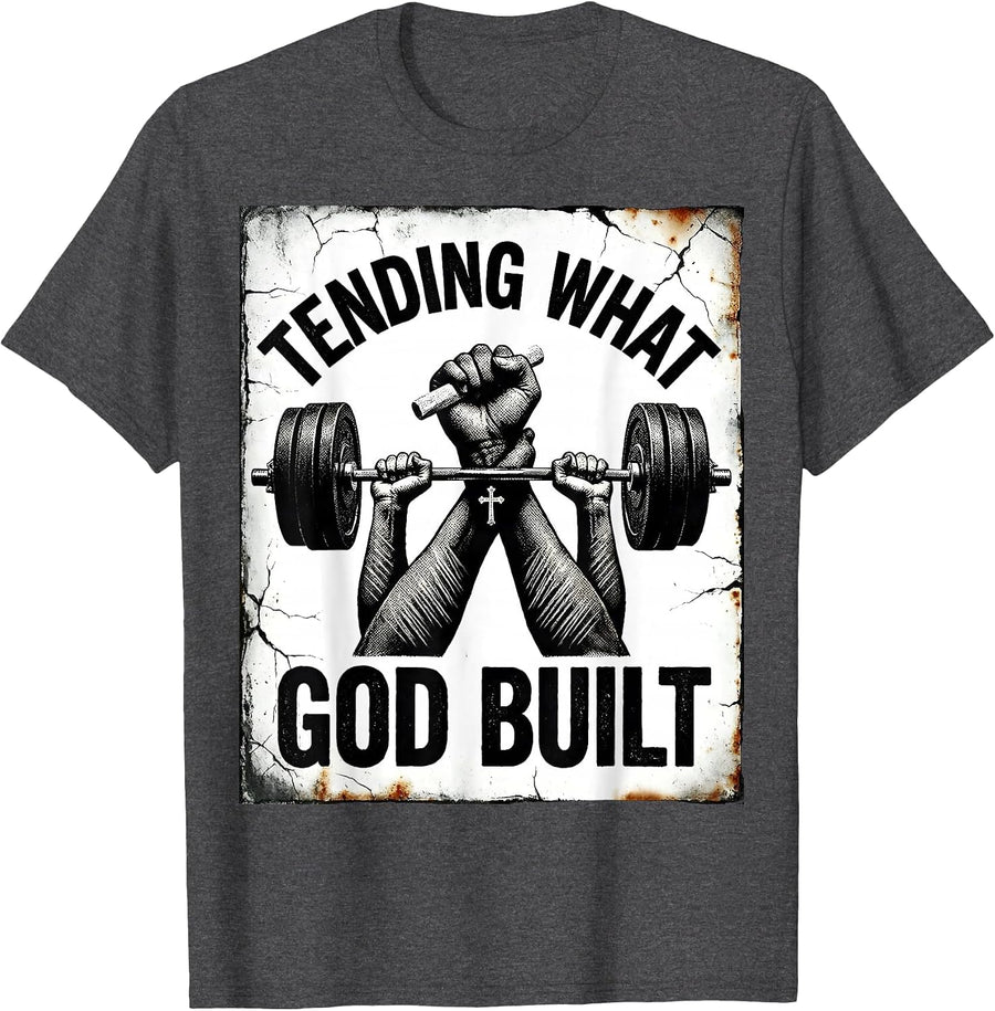 Men's Tending What God Built Distressed Christian Gym Faith T-Shirt - Dark Heather Grey