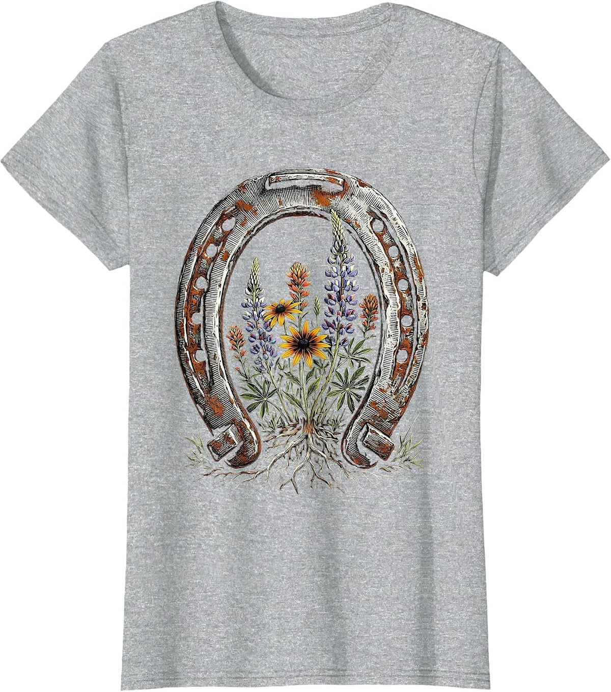 Women's Wildflower Horseshoe Western Boho Graphic T-Shirt - Heather Grey