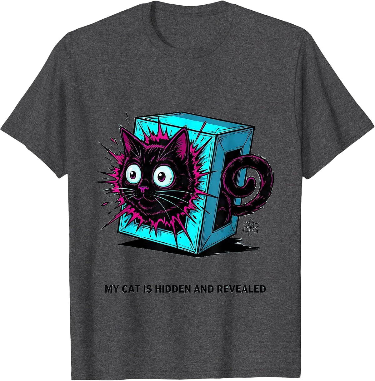 Men's My Cat Is Hidden And Revealed Cartoon Quantum Physics Cat T-Shirt - Dark Heather Grey