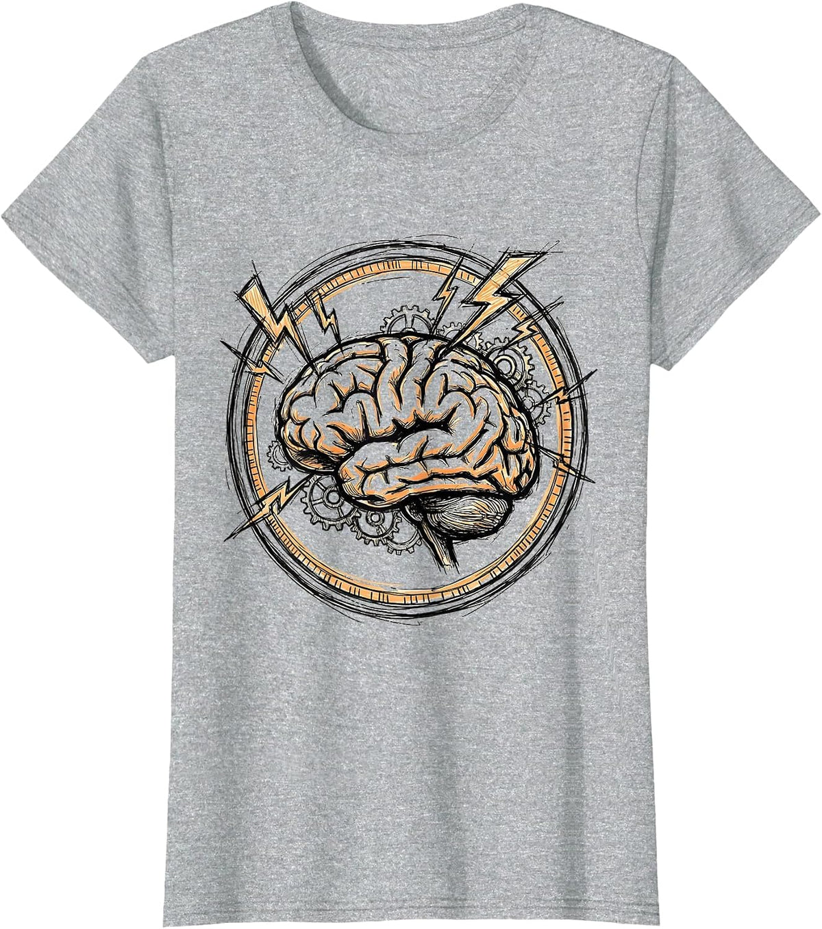 ADHD Awareness Brain Lightning Bolts Gears Design T-Shirt - Heather Grey