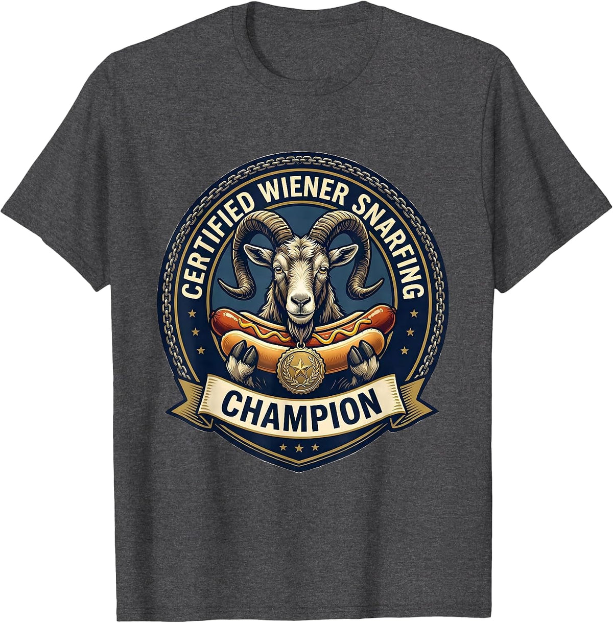 Men's Certified Wiener Snarfing Champion Funny Goat Offensive T-Shirt - Dark Heather Grey